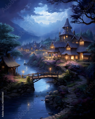 Illustration of a beautiful night in the village with a wooden bridge