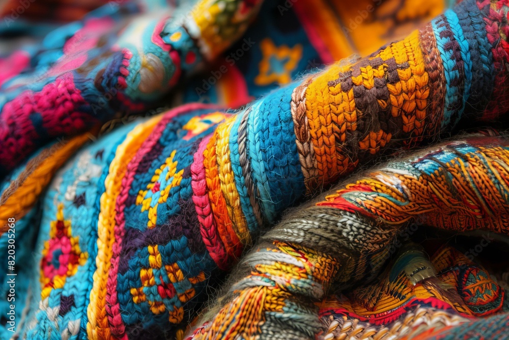 A close up of a colorful patterned blanket A close up of a colorful patterned blanket