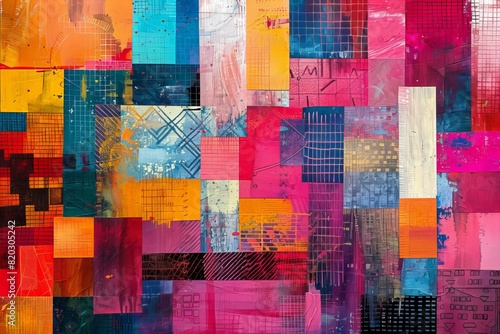 Close up of colorful patchwork pattern painting