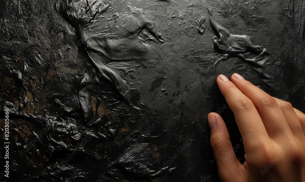 Naklejka premium Persons Hand Touching Black Wall.
