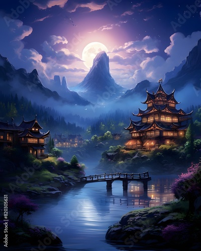 Landscape of ancient Chinese architecture in the mountains at night. Digital painting.