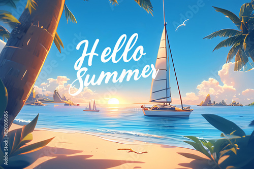 Hello summer text on summer landscape background with yacht at sea, beach and beautiful sky. Calligraphy lettering. Travel and vacation concept. Greeting card or banner in retro style photo