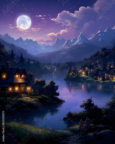 Beautiful night landscape with a mountain village and a lake. Digital painting. © Iman