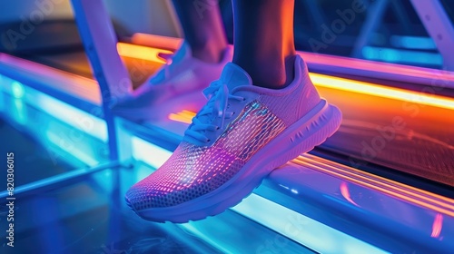 smart running shoes with embedded LEDs and sensors, on a tech-infused treadmill, ambient neon lighting realistic photo