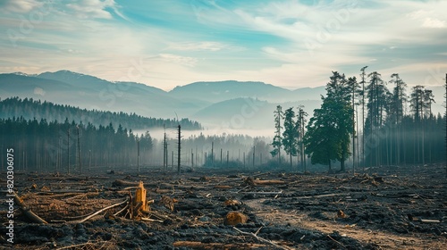 Haunting image of a cleared forest area with a few remaining trees, representing the devastating effects of deforestation photo