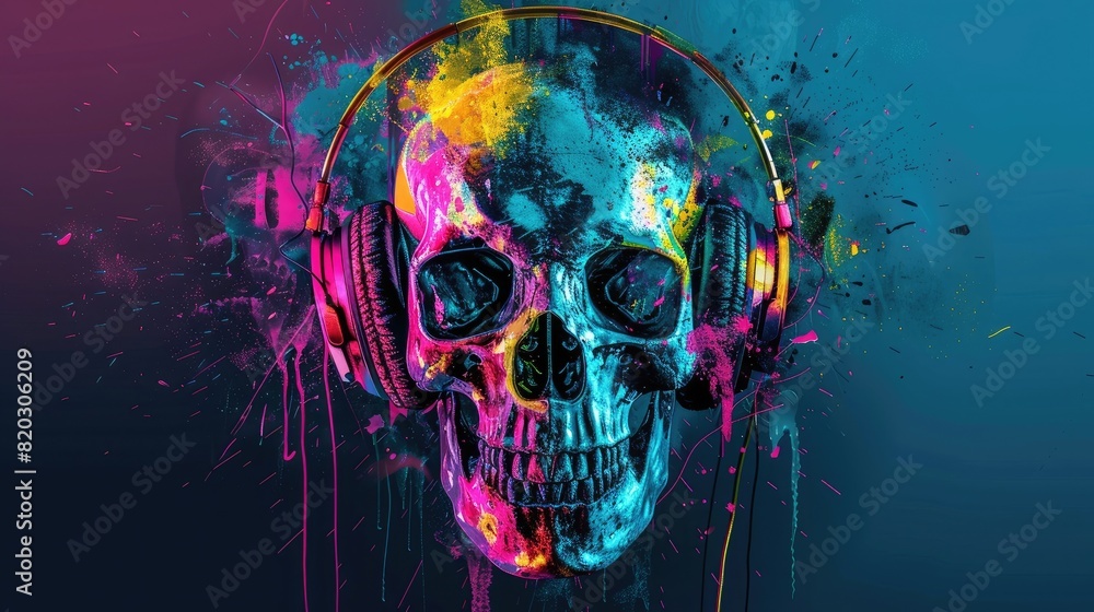 skull with headphones, colorful splashes. colorful art wallpaper skull with headphones realistic