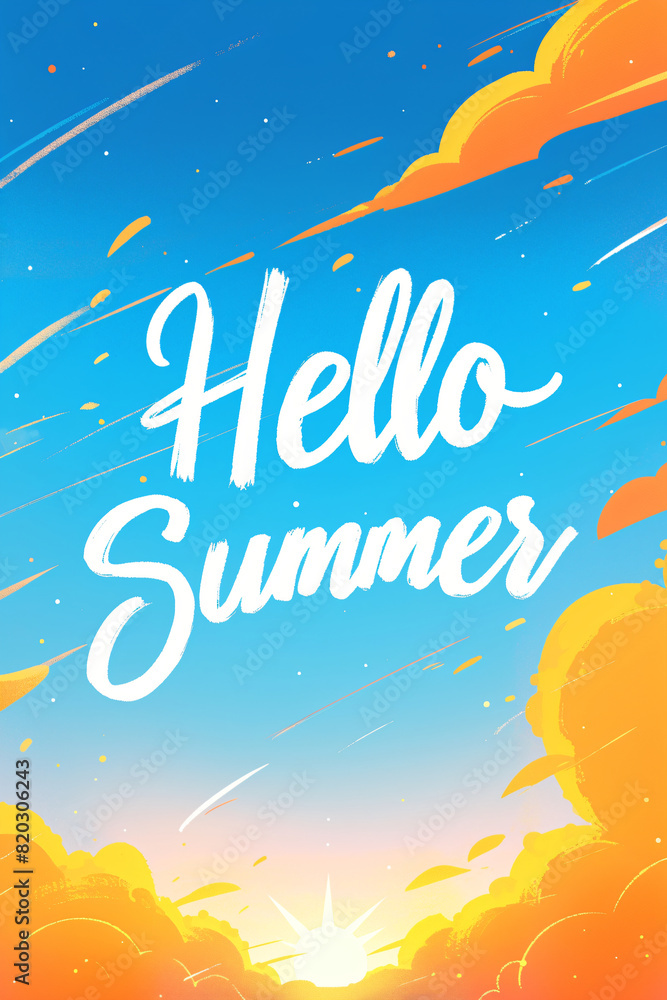 Hello summer text on beautiful sunset or sunrise sky. Summertime. Calligraphy lettering. Travel and vacation concept. Illustration for greeting card or banner, summer sale