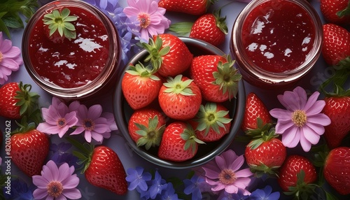 Bol de fraises et pots de confiture sur fond mauve