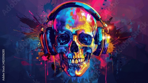 skull with headphones, colorful splashes. colorful art wallpaper skull with headphones realistic
