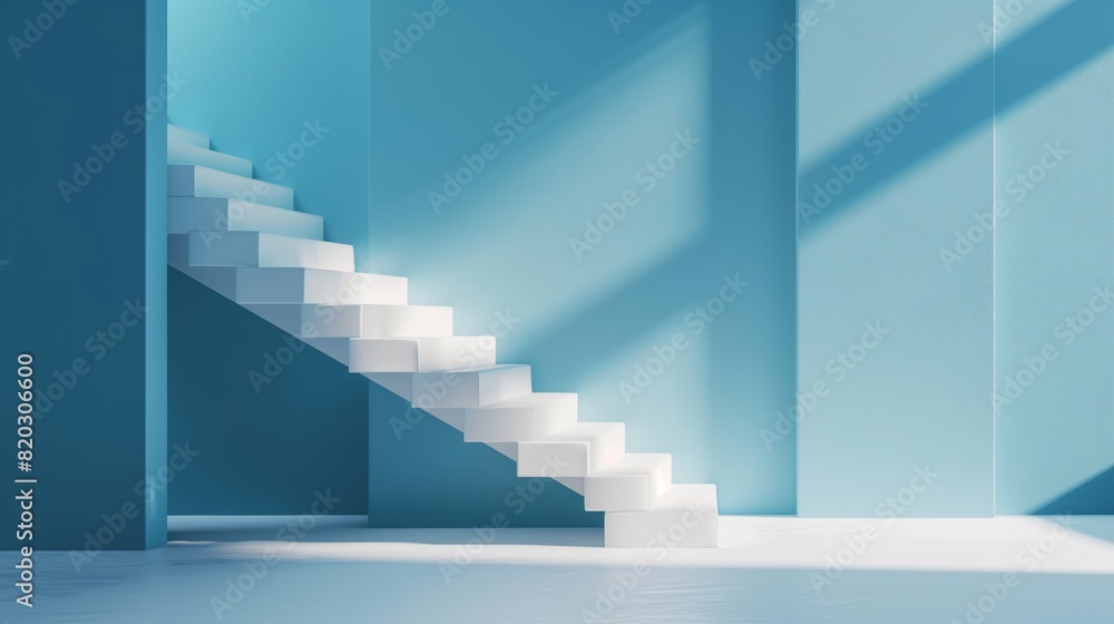 Abstract, Minimalist blue background with a white staircase creating a simple and modern architectural design. Abstract, Minimalist blue background with a white staircase creating a simple and modern architectural design.