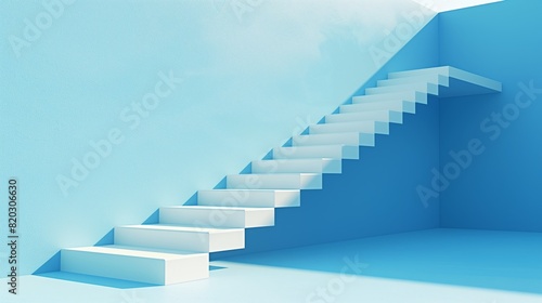 Abstract  Minimalist blue background with a white staircase creating a simple and modern architectural design.