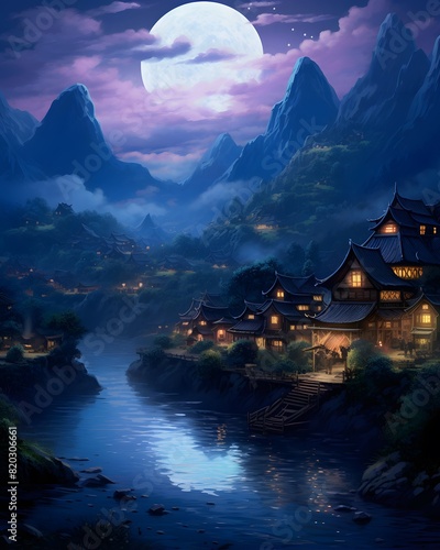 Fantasy landscape with mountain and village at night. Digital painting. © Iman