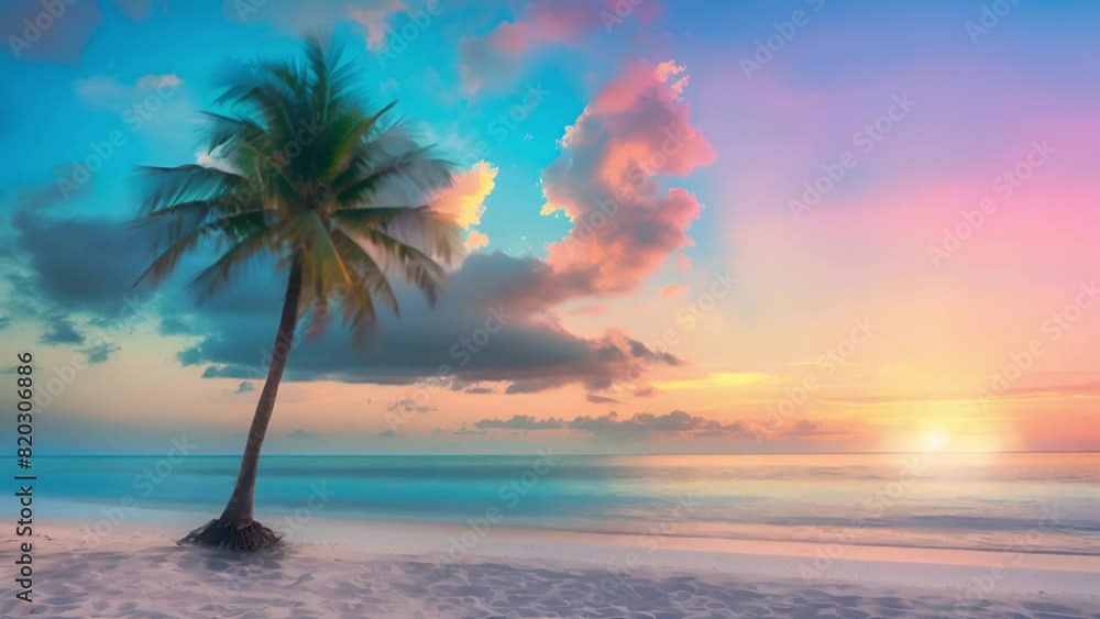 Tranquil tropical beach at sunset with a single palm tree silhouetted against a vibrant sky, reflecting warm hues onto the calm ocean for a peaceful, picturesque scene Tranquil tropical beach at sunset with a single palm tree silhouetted against a vibrant sky, reflecting warm hues onto the calm ocean for a peaceful, picturesque scene