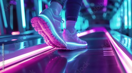 smart running shoes with embedded LEDs and sensors, on a tech-infused treadmill, ambient neon lighting realistic