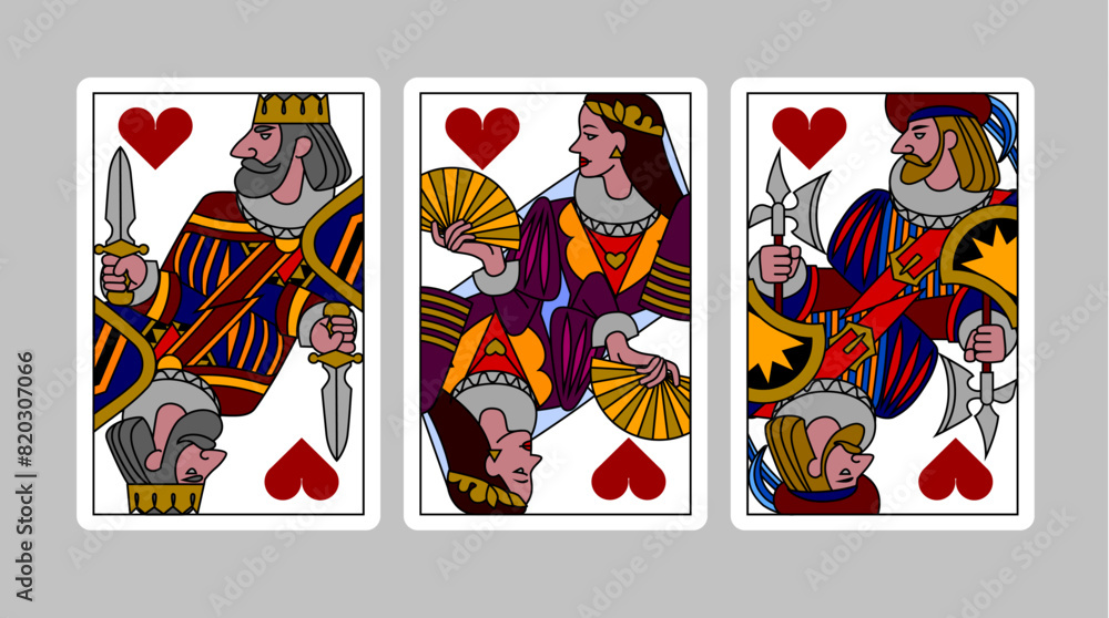 Fototapeta premium Hearts suit playing cards of King, Queen and Jack in funny modern colorful linear style. Vector illustration