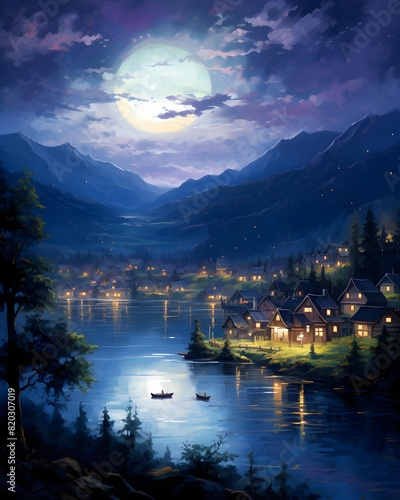 Beautiful night landscape with a mountain village on the bank of a lake and a boat in the water