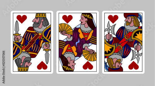 Hearts suit playing cards of King, Queen and Jack in funny modern colorful linear style. Vector illustration