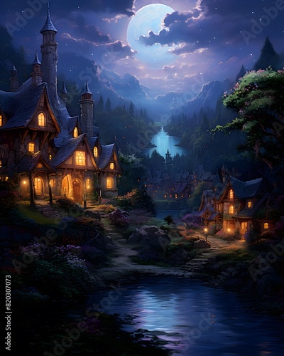 Cartoon fairy tale castle in the forest at night. Digital painting.