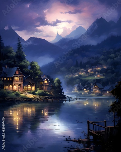 Landscape with lake, mountains and wooden houses. Digital painting. © Iman