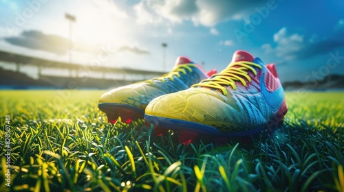 soccer cleats on grass, capturing the spikes and turf, vibrant color, outdoor stadium lighting realistic photo