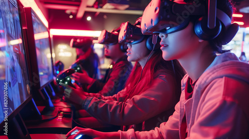 Immersive Gaming Experience, Young Gamers Engaged in Virtual Reality at a Modern Gaming Arcade