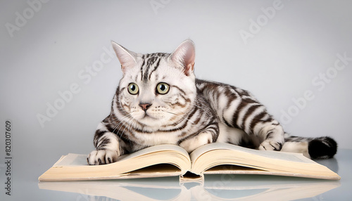 American Shorthair Cat Reading a Book