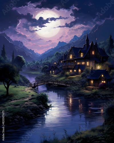 Fantasy landscape with a house on the bank of the river at night