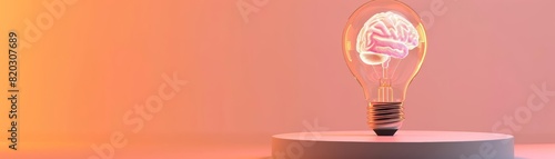 A blank podium showcasing a light bulb with a luminous brain inside