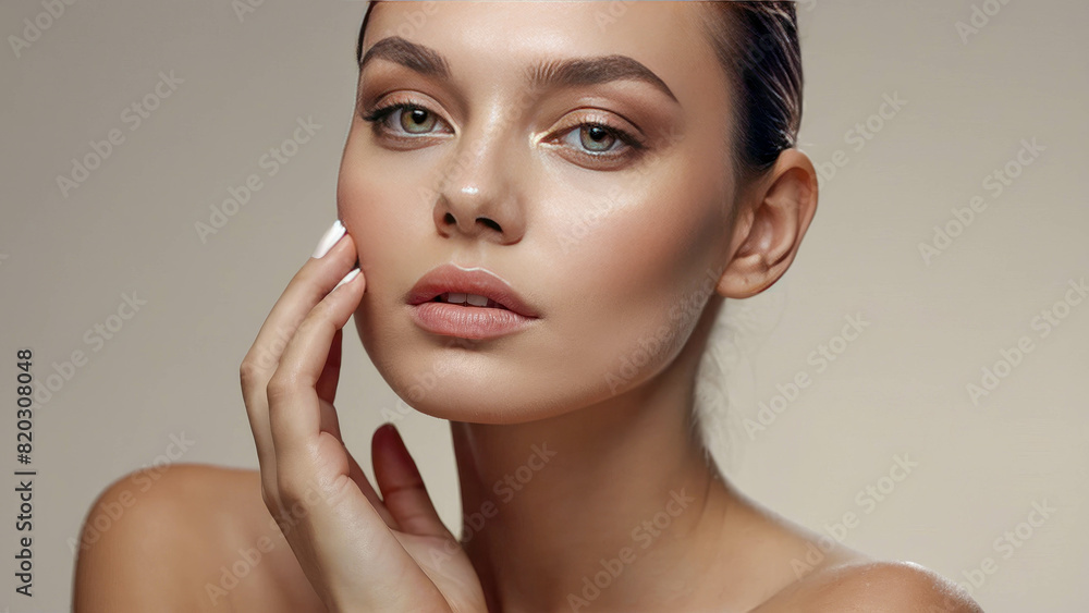 Beautiful young woman applying cream on her face. Skincare concept Beautiful young woman applying cream on her face. Skincare concept