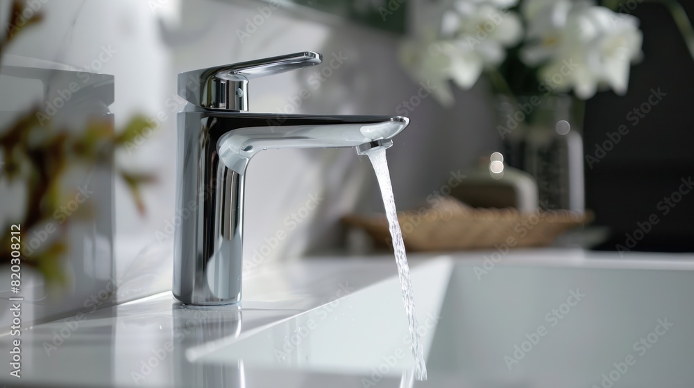 Water tap in the sink is modern and clean in a minimalist kitchen, faucet plumbing. Water tap in the sink is modern and clean in a minimalist kitchen, faucet plumbing.