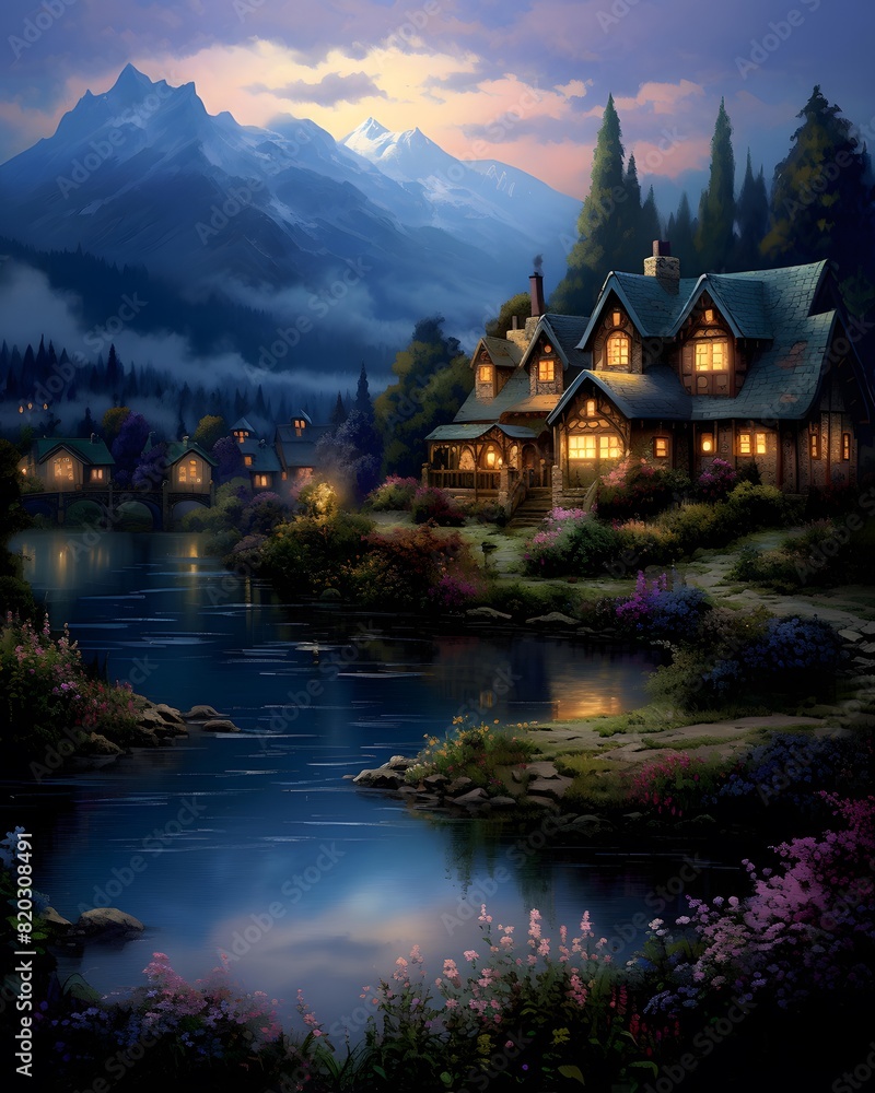 Beautiful cottage at the lake in the mountains at night. Digital painting.
