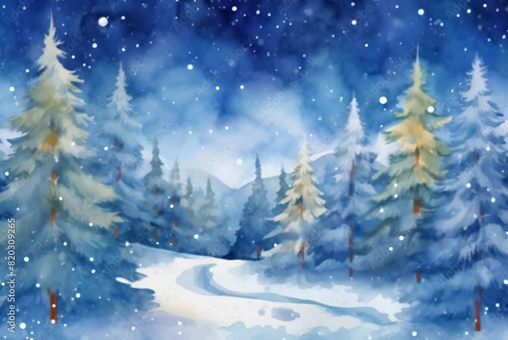 snowy forest scene with evergreen trees under a mystic starry night sky, conveying the tranquil beauty of wintry nature