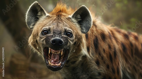 spotted hyena, sharp focus on eyes, open mouth showing teeth realistic