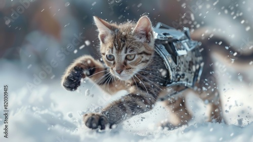Spy cat running in metal armour, futuristic animal fighter kitty in winter realistic