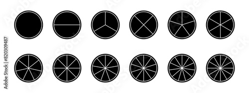 Black circles divided into fractions from 1 to 12 isolated on white background. Round shapes cut in equal parts. Simple circular diagrams, statistic wheels, business charts. Vector illustration. photo
