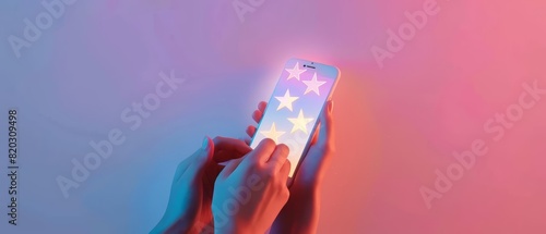 A top view of hands holding a smartphone and tapping on a glowing fivestar rating photo