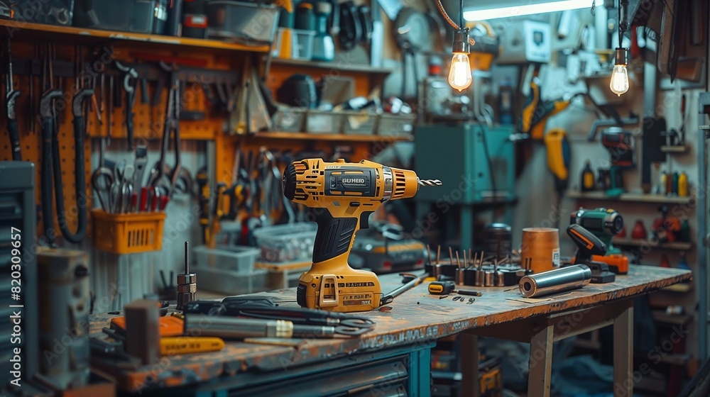 Yellow Drill on Wooden Workbench: Garage Organization