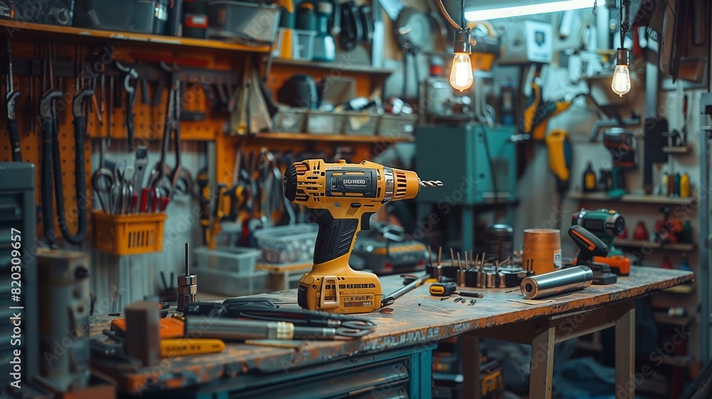 Yellow Drill on Wooden Workbench: Garage Organization Yellow Drill on Wooden Workbench: Garage Organization