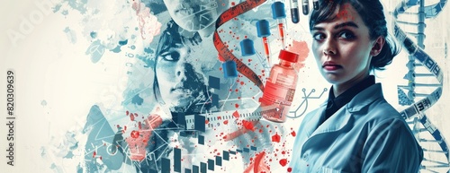 The image shows a woman in a lab coat looking at a DNA strand. The background is a blue and white abstract. The image is about science and technology.