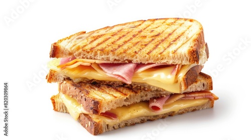 stacked two toasted sandwiches with cheese and ham isolated on white background realistic