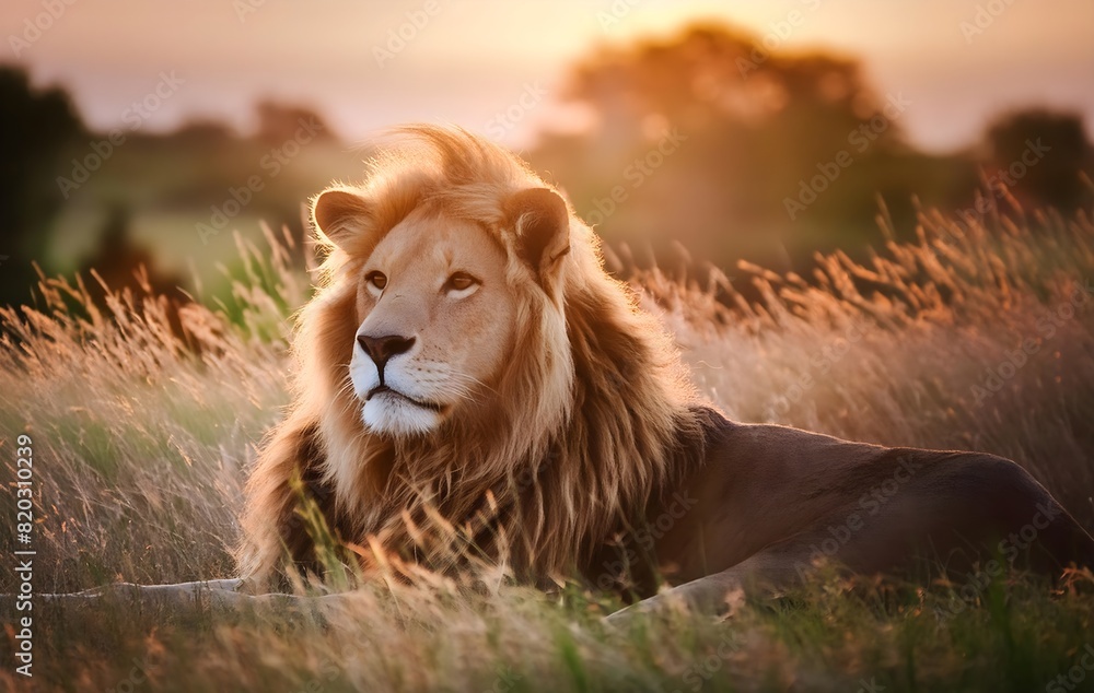 A majestic lion resting in the tall savannah grass, with the golden sunset in the background. A majestic lion resting in the tall savannah grass, with the golden sunset in the background.