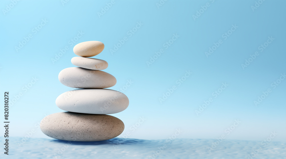 White sea pebble stone stack on light blue background White sea pebble stone stack on light blue background