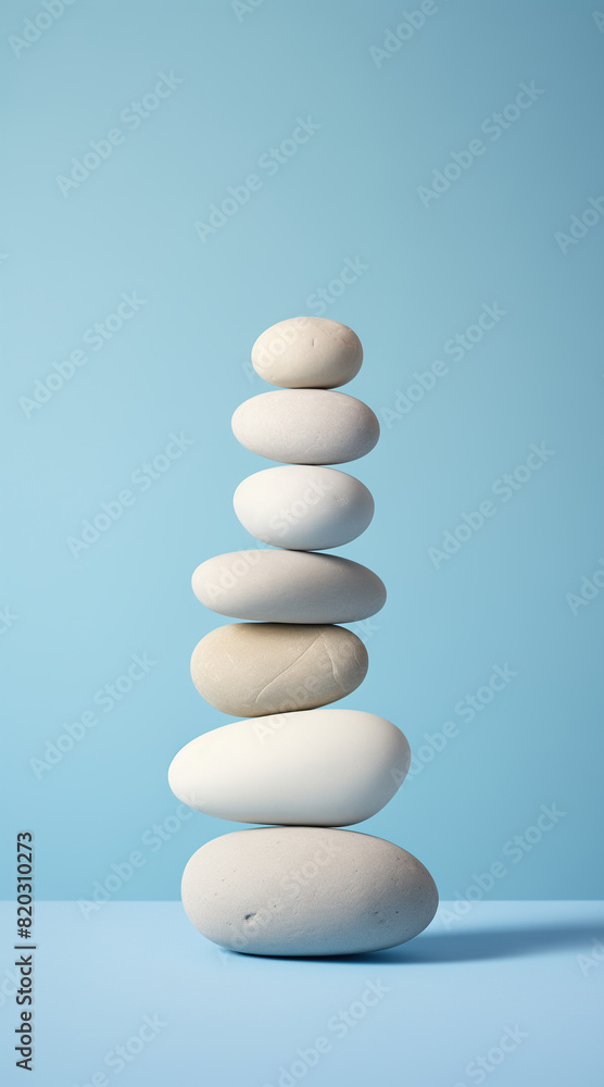 White sea pebble stone stack on light blue background White sea pebble stone stack on light blue background