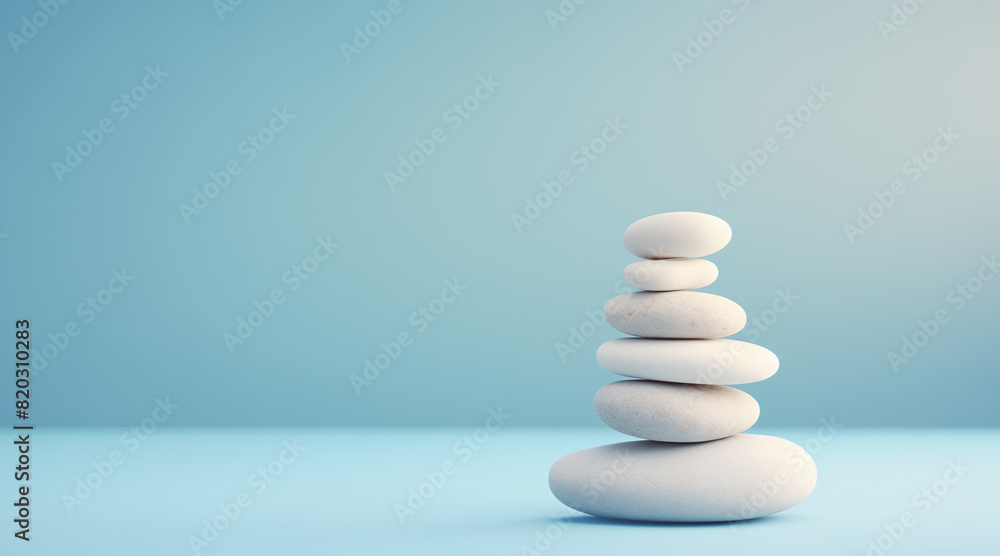 White sea pebble stone stack on light blue background White sea pebble stone stack on light blue background