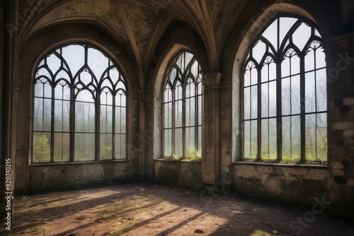 Old abandoned castle with natural light in old style large glass windows