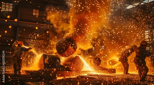 Worker in steel factory. A fiery forge with workers amidst a shower of sparks
