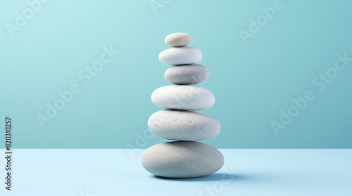 White sea pebble stone stack on light blue background