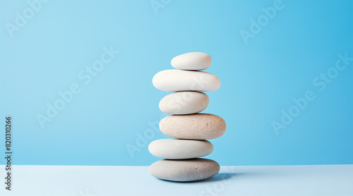 White sea pebble stone stack on light blue background