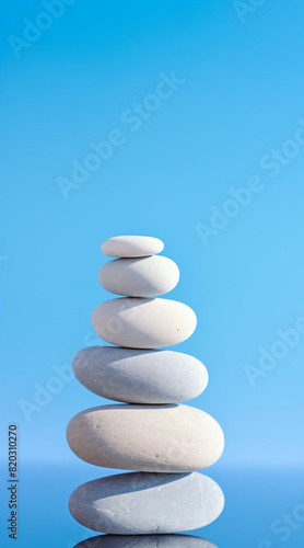 White sea pebble stone stack on light blue background