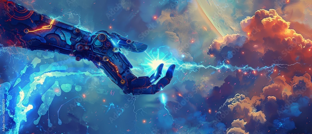 An illustration of a magical robotic hand with enchanted circuits An illustration of a magical robotic hand with enchanted circuits
